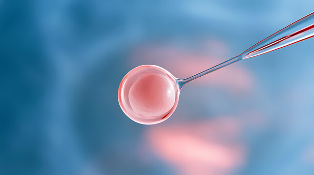 A scientific microscopic view of a single cell manipulation or medical procedure in a laboratory setting, featuring precise laboratory tools