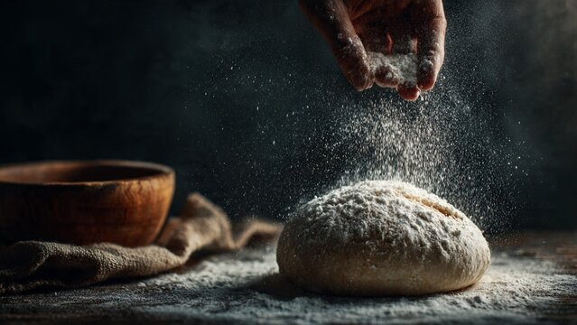 Baker hands dusting flour over raw sourdough bread dough on a rustic wooden table with baking bread dough preparation wooden bowl kitchen counter