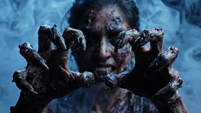 Terrifying zombie woman reaching out with claws in dark smoky atmosphere horror character concept monster