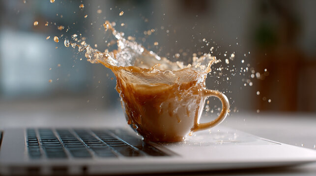 Spilled coffee splashing onto modern silver laptop creating messy accident in a brightly lit home office