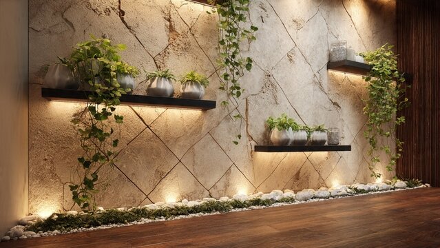 Modern interior wall with stone texture floating shelves hanging green potted plants illuminated by warm lights interior lighting architecture