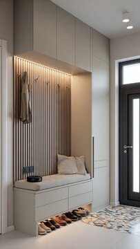 Modern entryway hallway interior featuring wooden slatted wall paneling and built-in bench seating wooden panels modern home shoe storage coat hooks