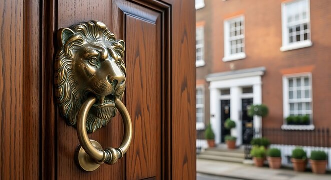 A traditional brass lion head door knocker attached to a polished wooden entrance showcasing classic architecture and historic charm with a view of residential townhouses on a quiet city street