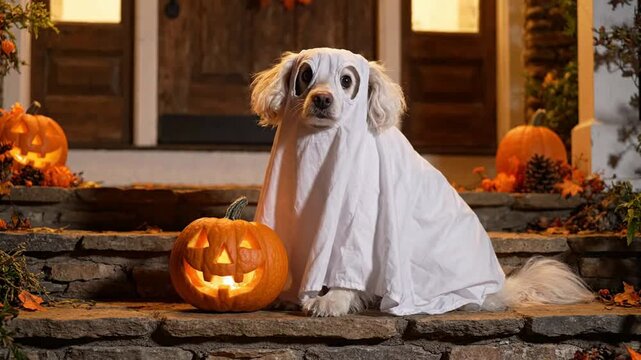 Cute dog dressed as a ghost sitting with jack-o'-lanterns for halloween celebration costume puppy