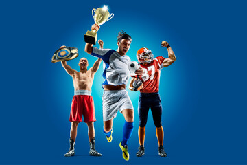 Fototapeta premium Sports concept. Professional athlete isolated on a blue background. Athlete in action. Sport