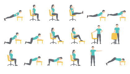 Fototapeta premium Office workout exercises vector illustration showing people doing stretches with desk chairs