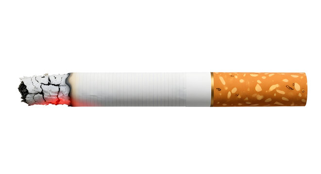 A single lit cigarette with a burning ember and orange filter glowing on the tip