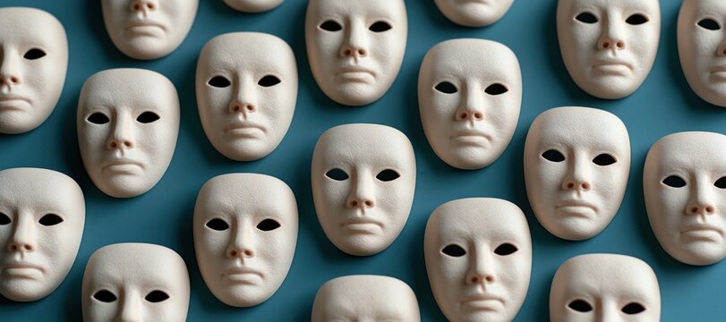 Identical plain masks arranged around one differently oriented central mask