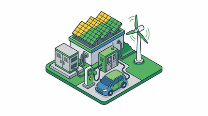 Fototapeta premium Electric car charging station combines with wind turbines and solar panels in a smart city sustainable concept.