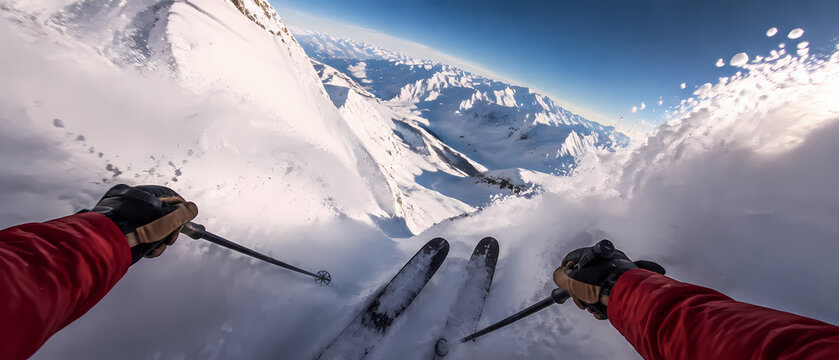 First-person view of a skier charging through deep alpine powder, with red sleeves, ski poles and snow spray framing rugged mountain peaks beneath a clear blue winter sky