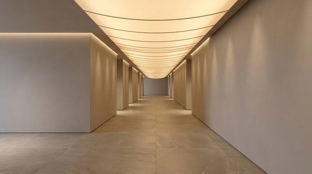 Modern long hallway interior featuring led fabric panels and warm lighting across sleek architectural walls