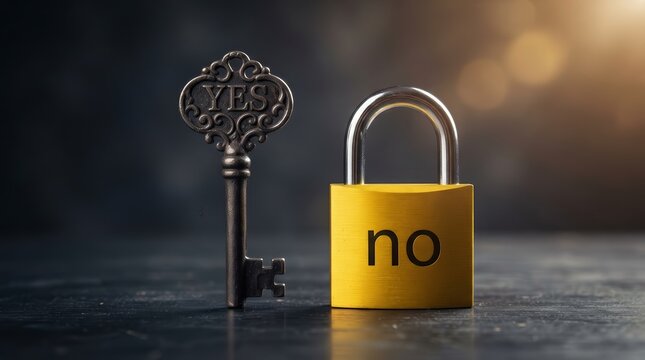 Concept of decision making featuring an ornate metal YES key and a yellow NO padlock.