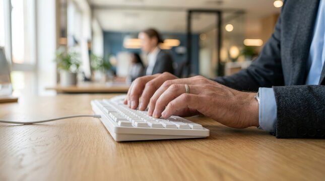 Professional hands working on a computer keyboard in a coworking office environment for proposal drafting.