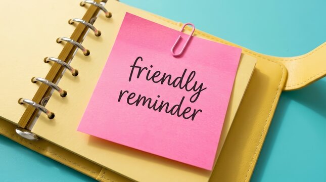 A pink sticky note with a friendly reminder sits on a yellow notepad in a desk setting.