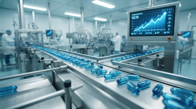 Clean room operations showing blue medicine capsules on an automated production line in a sterile facility.