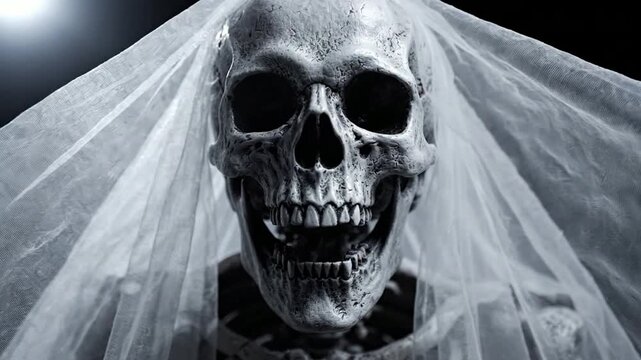 Spooky skeleton bride in white veil, creepy halloween character portrait, gothic horror wedding theme, cinematic dark mystery concept