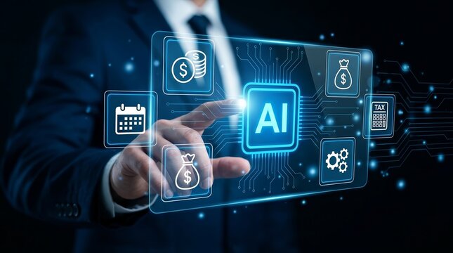 A digital interface showing AI-powered financial management with money, tax, and time analysis icons.