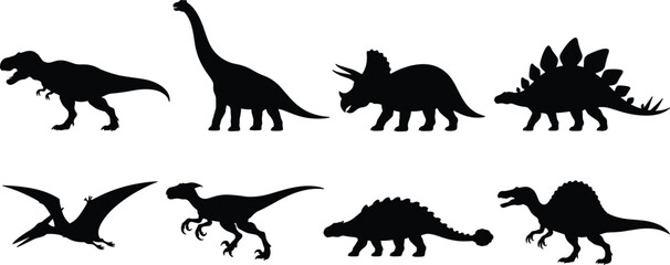 Dinosaur Silhouette Icons Set with Tyrannosaurus Triceratops Stegosaurus and Prehistoric Reptiles Collection © Mst