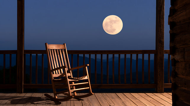 A serene wooden rocking chair on a cabin porch during a peaceful full moon night with mountain view, quiet nature landscape background