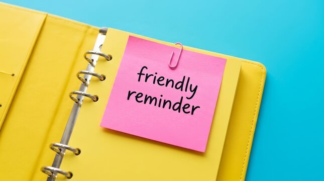 A pink sticky note with a friendly reminder sits on a yellow notepad in a desk setting.