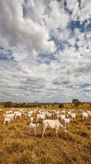 Obraz premium Large herd of white Nelore cattle grazing in a vast pasture under a dramatic cloudy sky on a rural ranch, highlighting livestock farming, agriculture, and beef production.
