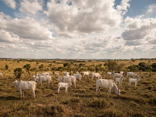 Obraz premium Large herd of white Nelore cattle grazing in a vast pasture under a dramatic cloudy sky on a rural ranch, highlighting livestock farming, agriculture, and beef production.