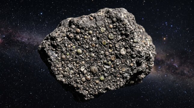 Detailed Asteroid in Deep Space with Stars and Galaxy Background.