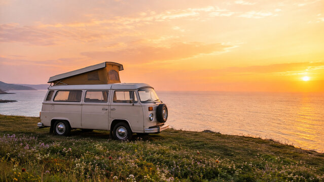 Vintage camper van parked on a coastal cliff at sunset