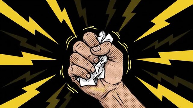 Fist crushing paper ball with electric lightning animation against black background style.