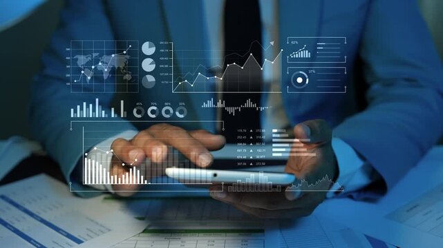 Smartphone over hologram financial reports with transparent charts, graphs and data analytics interface, Holographic business analytics data screen animation on smartphone.