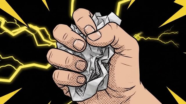 Crumpled paper ball held by hand with electric lightning bolts in comic book style animation.