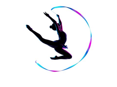 Silhouette of a rhythmic gymnast performing a graceful jump with a colorful ribbon isolated on white background