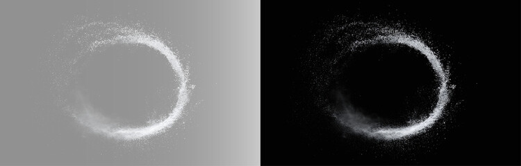 Abstract dark powder ring frame on transparent grey black background, subtle dust ring portal overlay, sand circle backdrop, modern minimal presentation slide template PNG © Aura Canvas
