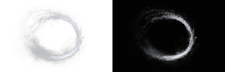 Abstract dark powder ring frame on white and black background, subtle dust ring portal overlay, sand circle backdrop, modern minimal presentation slide template PNG © Aura Canvas