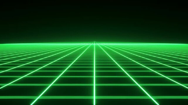 Tracking shot of glowing neon grid receding toward horizon in futuristic digital virtual landscape with luminous green lines and vanishing point perspective