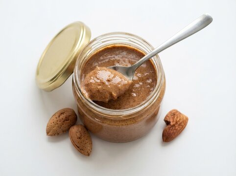Top view of a glass jar filled with creamy almond butter, a metal spoon, and whole almonds isolated on white background
