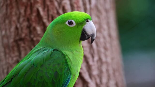 Slow motion close up of green parrot turning head while perched on tree trunk in outdoor natural setting