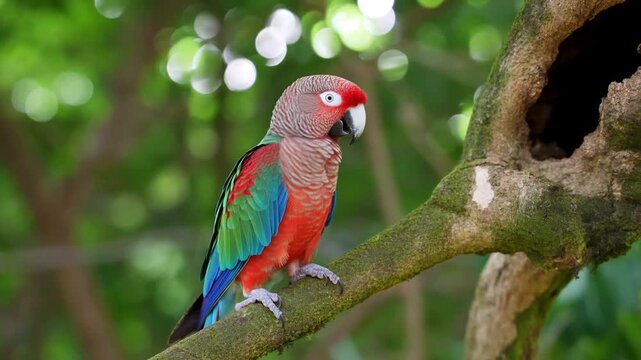 Static shot of conure parrot turning head while perched on mossy branch in tropical forest with blurred green background
