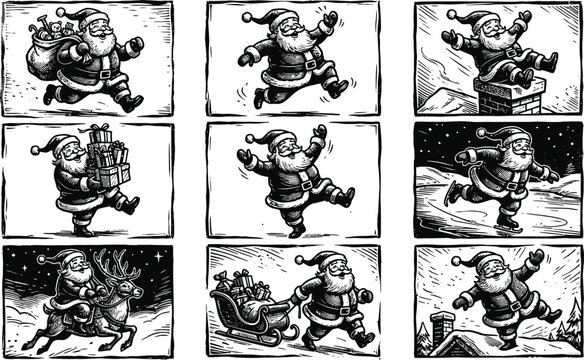 A collection of vintage style black and white illustrations featuring santa claus in various joyful holiday poses and activities