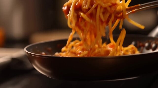Close up tracking shot of spaghetti being tossed and twirled in skillet on stovetop in kitchen during warm evening cooking