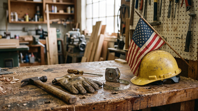 construction tools on wooden workbench in workshop with american flag labor day concept