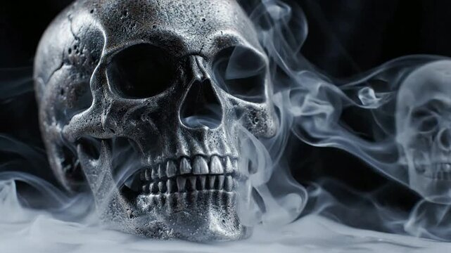 Metallic human skull with ethereal smoke trails, dark gothic atmosphere, cinematic horror background, for halloween and, occult concepts