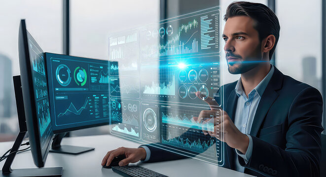 Businessman interacting with futuristic digital holographic interface in modern office