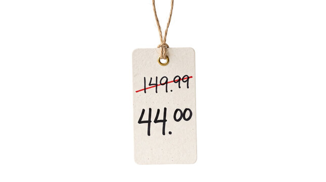 Price tag showing a significant discount from 149.99 to 44.00 with red line crossing out original price PNG Isolated on transparent background