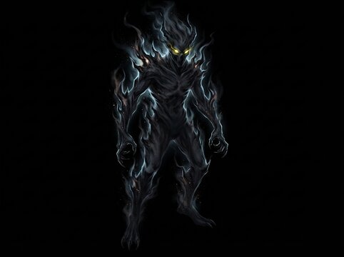 A menacing shadowy figure with glowing yellow eyes and a dark, ethereal, flamelike aura standing against a solid black background