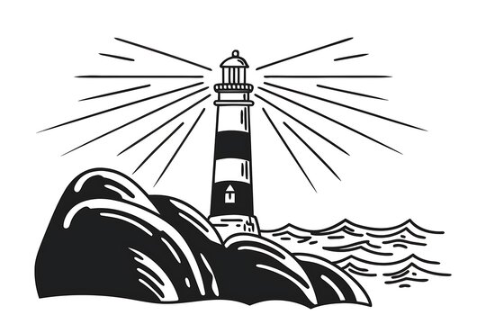 Black and white lighthouse on rocky shore with light beams