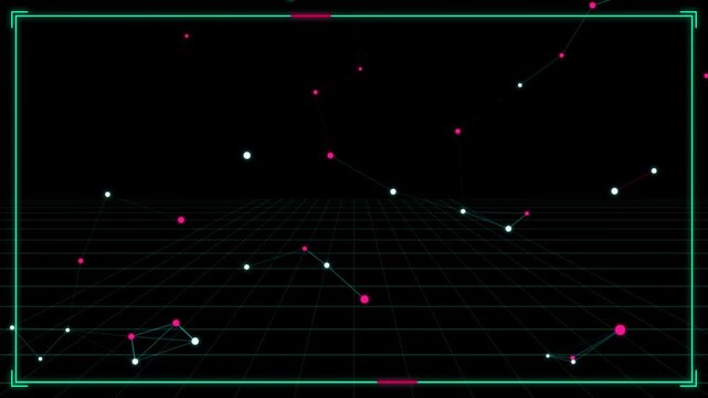 Sci-fi wireframe edges resembling Atari vector graphics forming a moving border around the screen, with depth motion and glowing grid lines. 