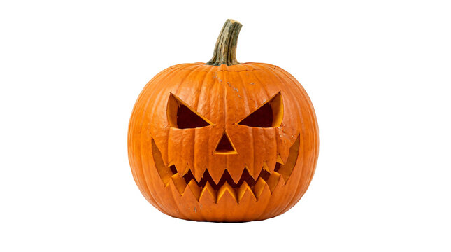 Carved orange jack-o'-lantern pumpkin with a scary face, jagged teeth, and sharp eyes, isolated as a festive holiday icon on transparent background