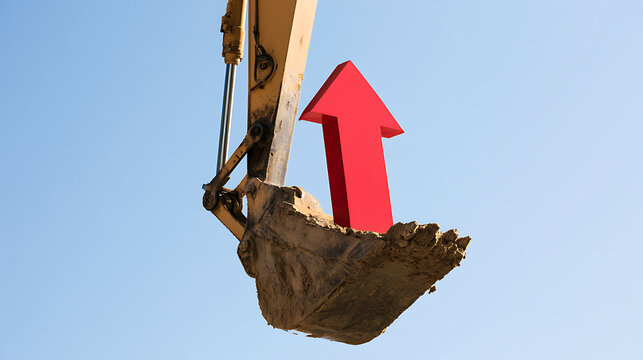 Excavator bucket lift red arrow up symbolize growth business success financial profit market recovery economy bounce back rise power energy