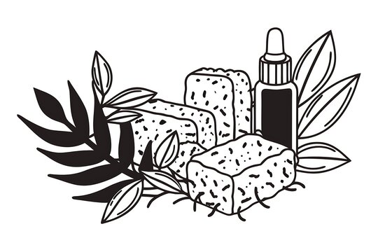 Natural skincare products with leaves and soap bars